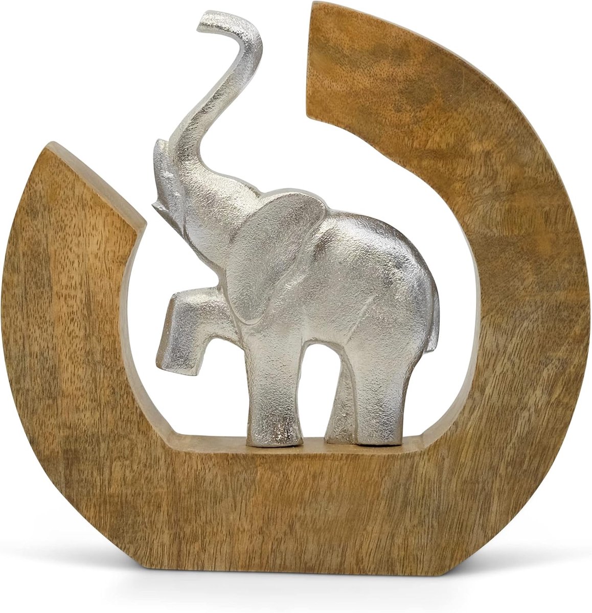 SnelShoppen - Sculptuur 'Life Circle' - Moderne handgemaakte olifant decofiguur van aluminium in mango hout - Zilveren deco olifant in boomschijf 24 c