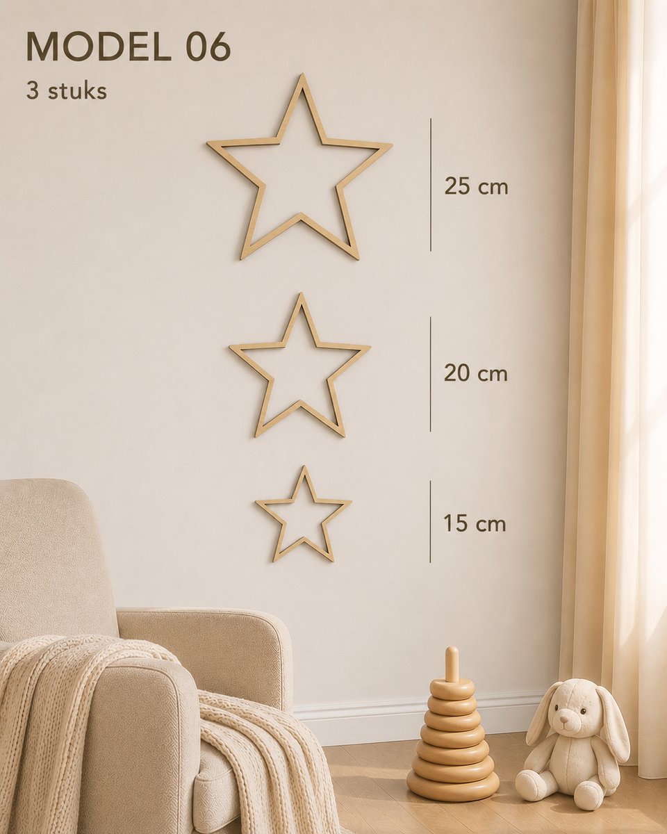 Houten Ster Wanddecoratie Babykamer – Set van 3 Sterren – Scandinavische Kinderkamer Decoratie – Natuurlijk Berkenhout – 15, 20 en 25 cm