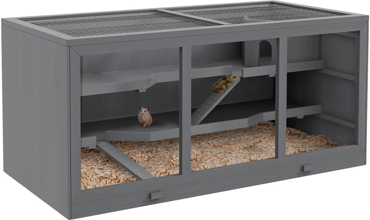 Dwerg Hamsterkooi – 3 Verdiepingen Houten Knaagdier Villa met Trappen – Grijs