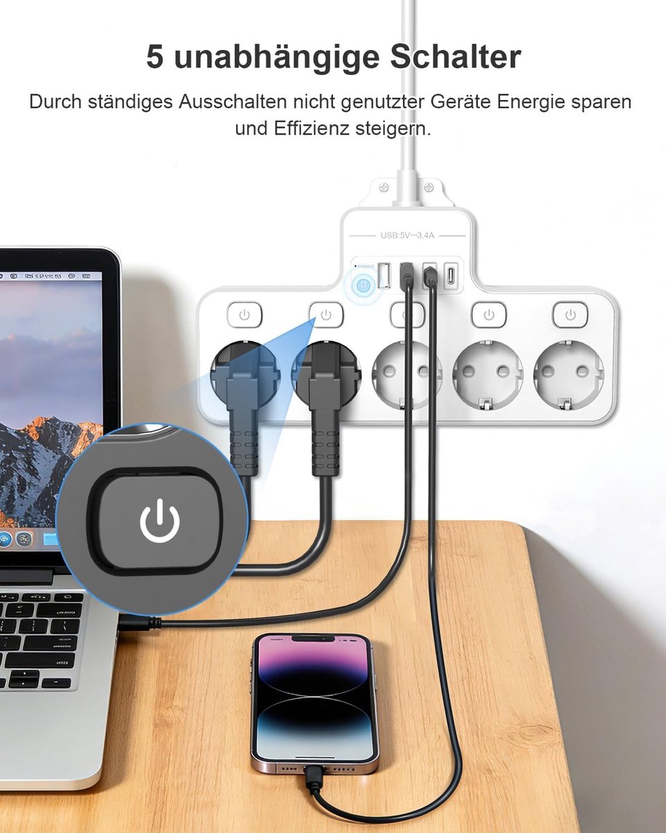Thijox - Hoekstopcontact Keuken met USB, 4-voudige Stekkerdoos met Schakelaar, 2 m Verlengkabel, Wandmodel, 5-socket, Wit voor Bureau en Nachtkastje