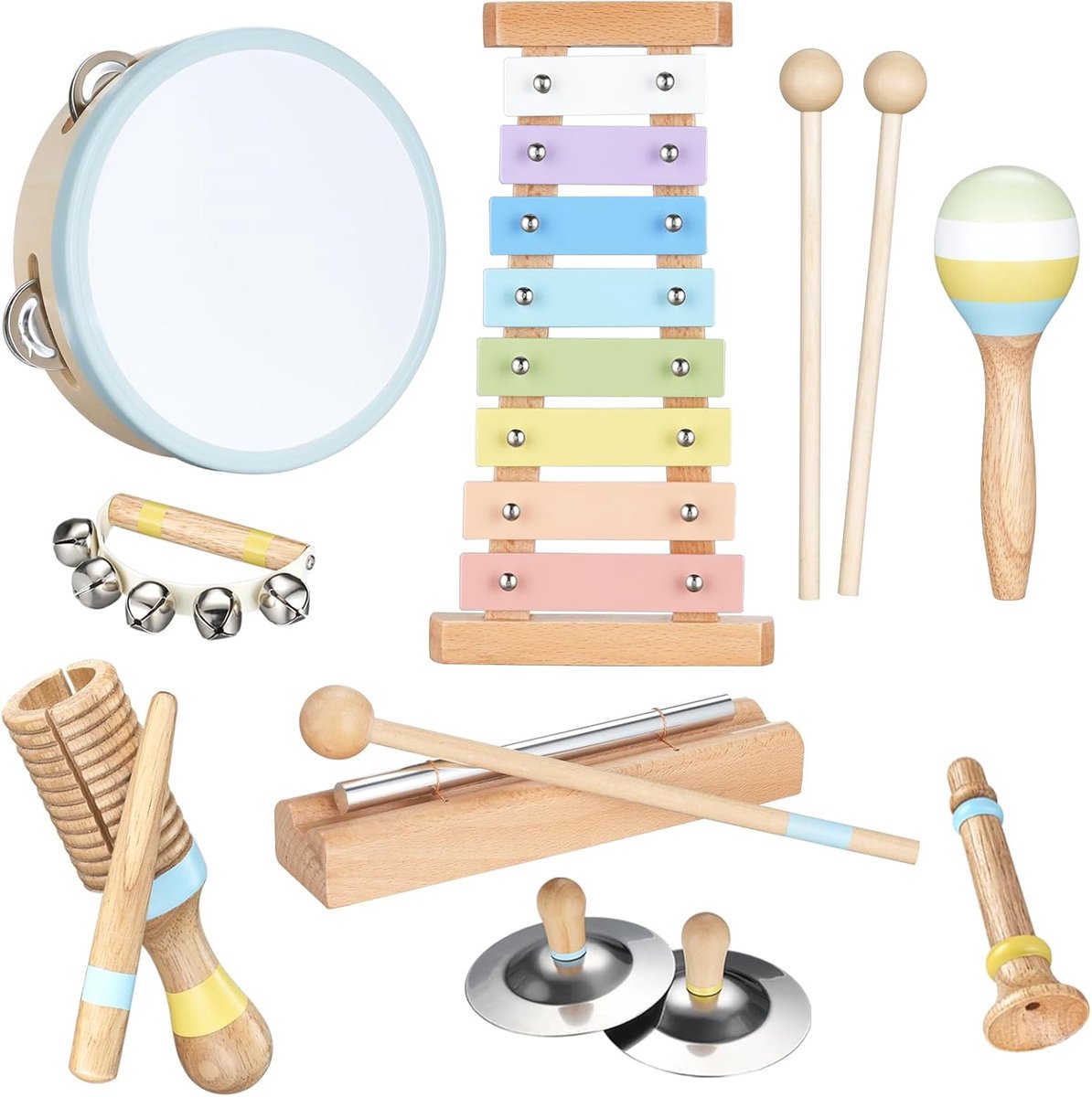 SnelShoppen - Montessori Muziekinstrumenten voor Kinderen 3-5 Jaar, Xylofoon, Maracas, Tambourine, Educatief Speelgoed, Muziekset voor Baby's, Creatie