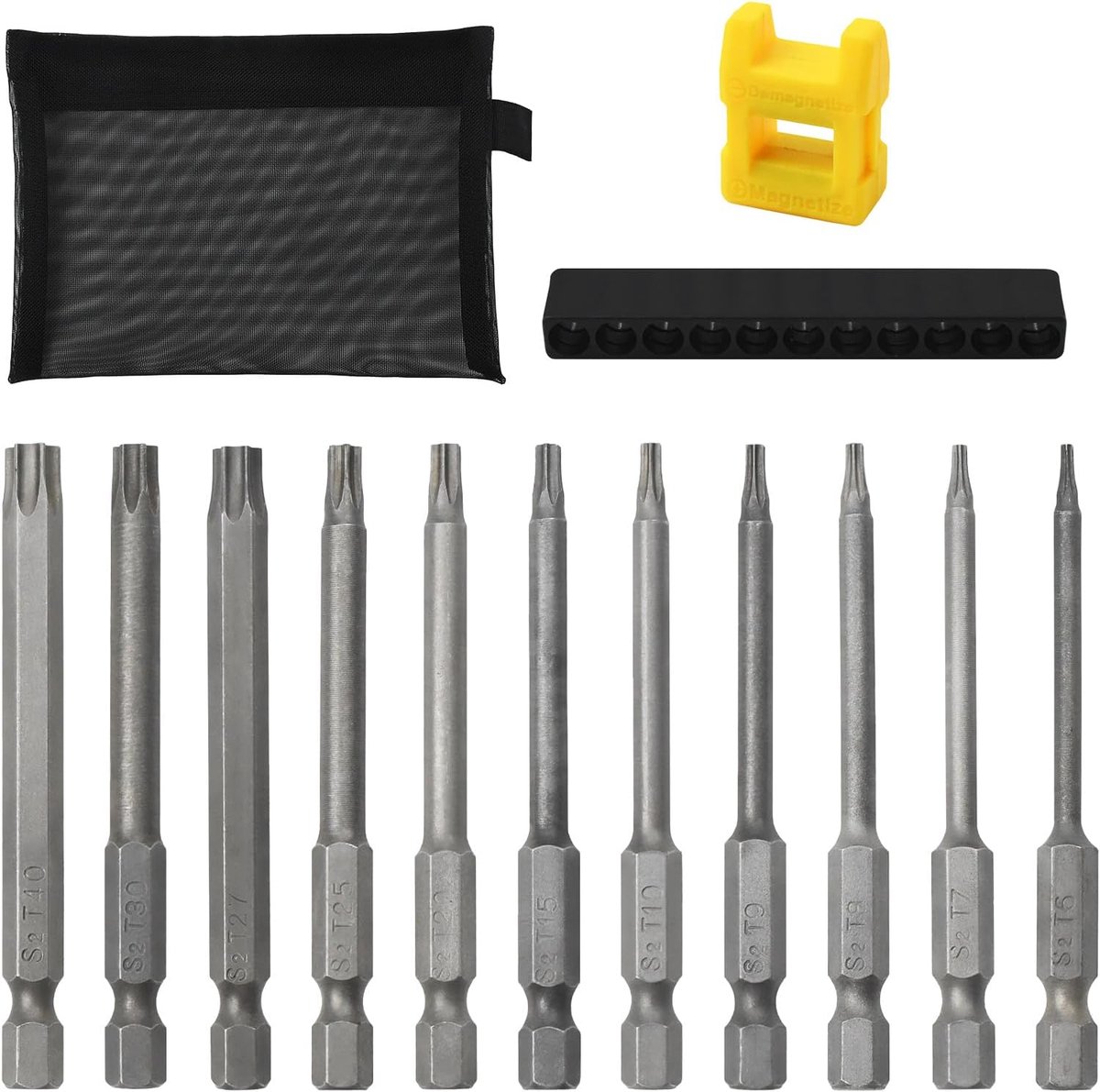 SnelShoppen - Torx-schroevendraaierset magnetisch 1/4 inch met opbergtas - T6/T7/T8/T9/T10/T15/T20/T25/T27/T30/T40 - S2 staal voor accuschroevendraaie
