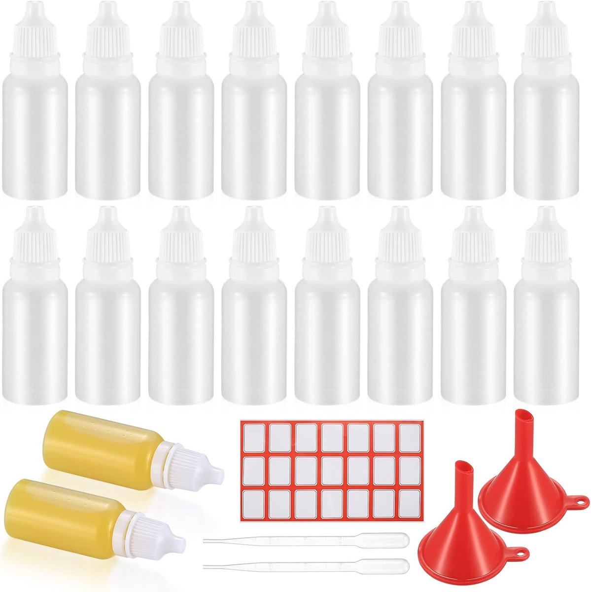 SnelShoppen - 20 Stuks 15ml Lege Squeeze Flesjes, Drupflessen, Plastic Doseringsflessen voor Essentiële Olie, met Trechter/Pipet/Stickers, Lekvrije Fl