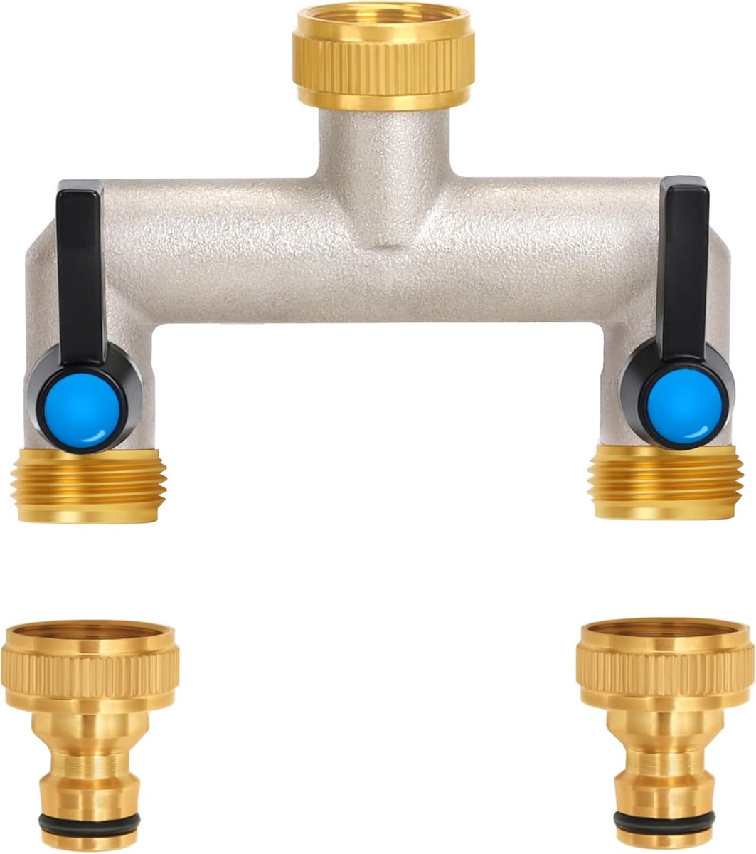 SnelShoppen - 2-Weg Water Tap Water Distributor met Individuele Afsluitkleppen, 3/4" Messing Aansluiting, Uitgebreide Handgreep voor Tuin, Heggen, Cam