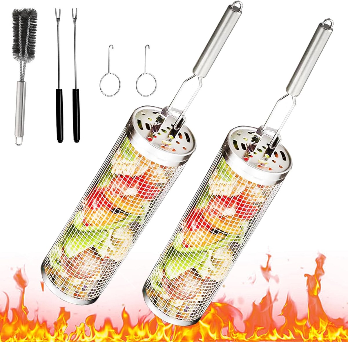 SnelShoppen - Pack van 2 RVS Grillmanden met Verwijderbare Handgreep, BBQ Accessoires, Barbecue manden voor Groenten, Grillaccessoires voor Camping en