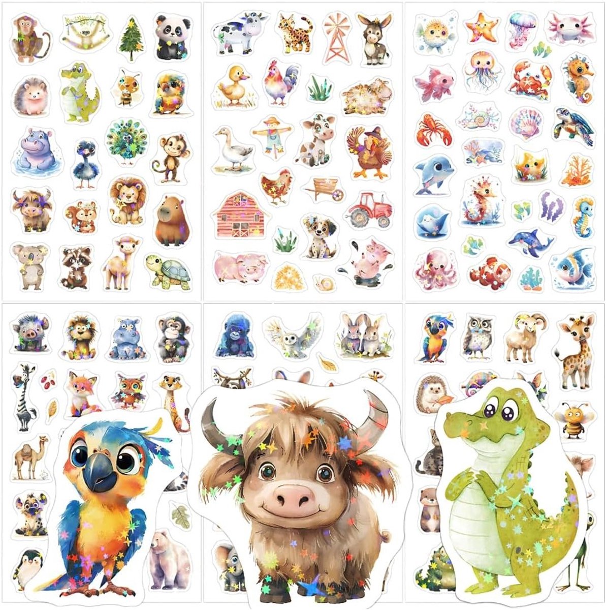 Set van 6 Holografische Dierenstickers voor Kinderen - Plakstickers voor Skateboards, Flessen en Schooltassen