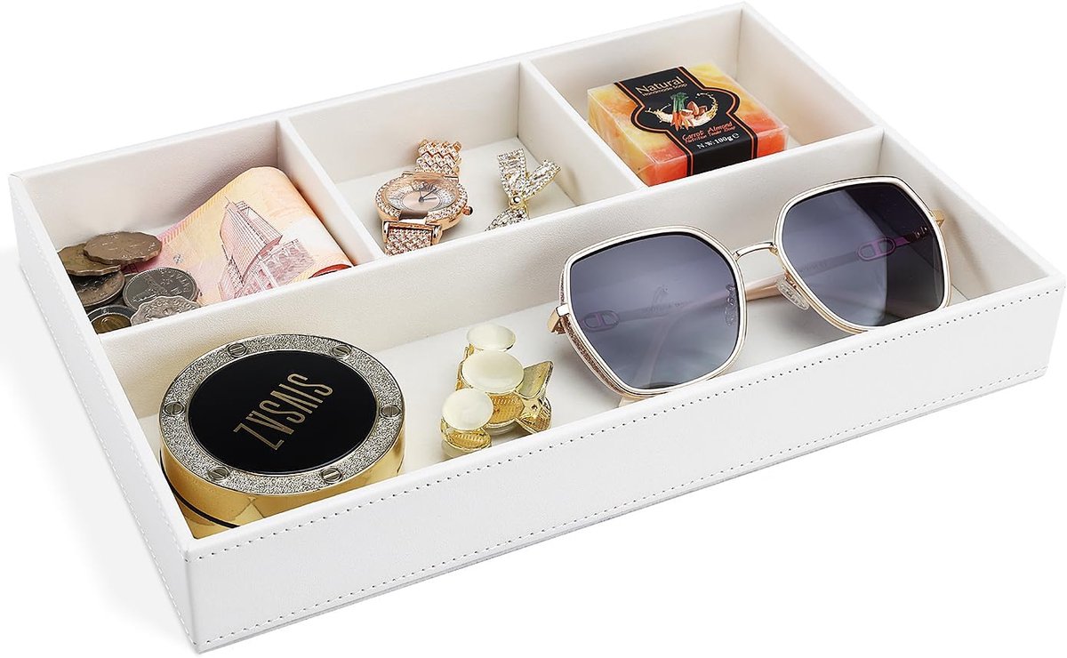 Thijox - Luxe GORESE Valet Dienblad - Lederen Bureau Organiser - Ivoorwitte Lade Opbergdoos voor Sleutels, Schrijfwaren, Munten, Sieraden, Perfect voo
