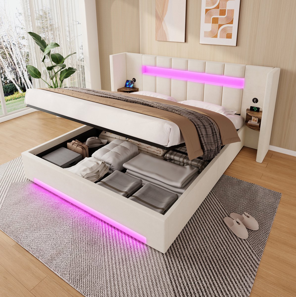 COVREO gestoffeerd bedframe met opbergruimte 180 x 200 cm - beige, LED-verlichting, USB, hydraulisch