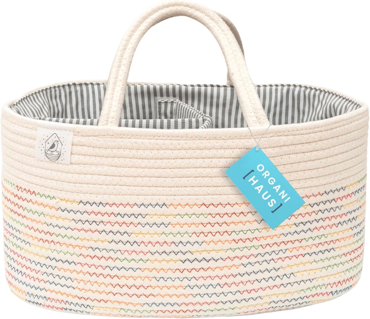SnelShoppen - OrganiHaus Luiertas - Regenboog Katoen Rope Basket met Compartimenten & Handvatten - Ideaal voor Babyspullen, Luiers, Speelgoed, Schoon