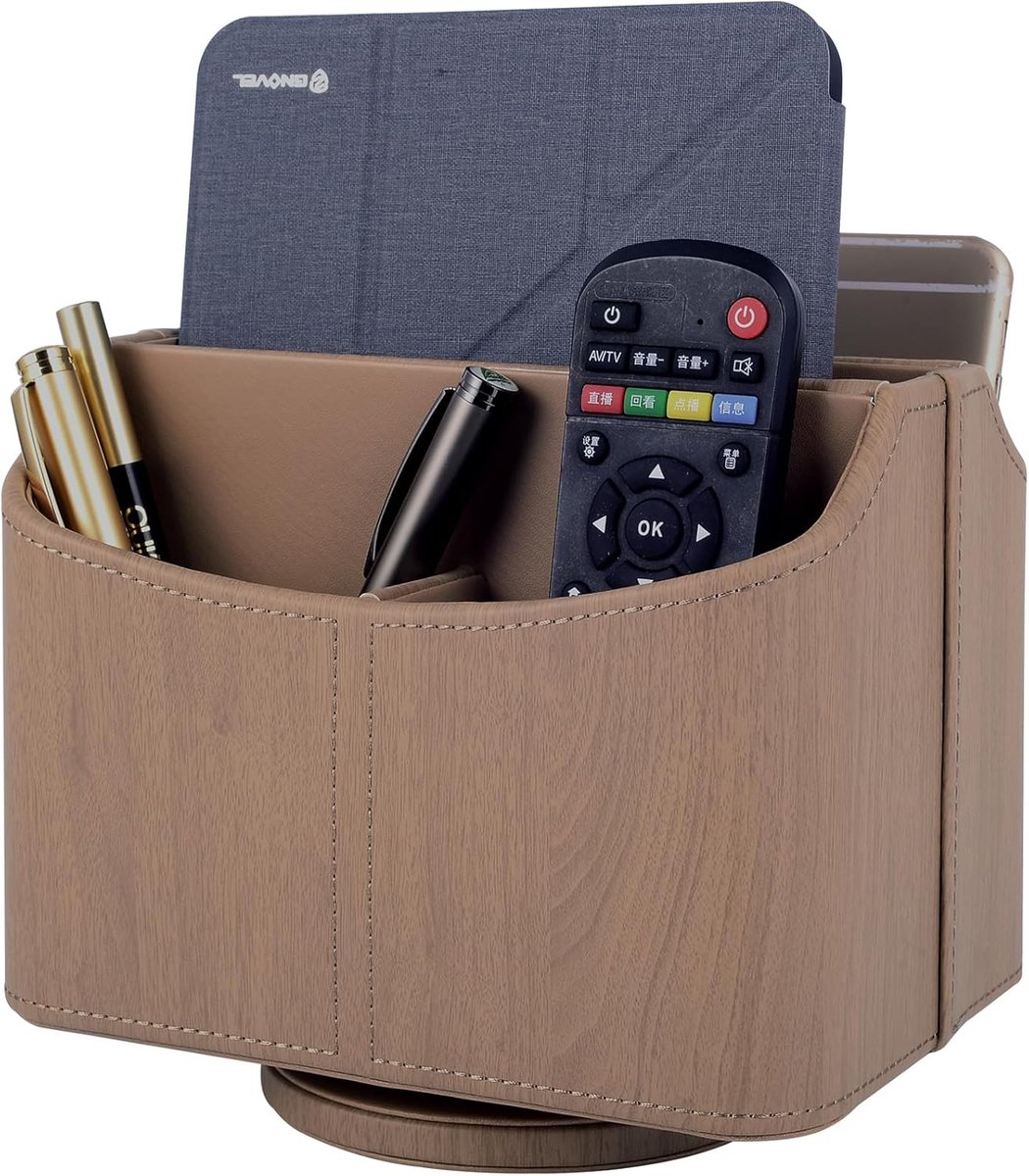 SnelShoppen - 360 Graden Draaibare Afstandsbediening Houder, 5-Vaks Bedside Tafel, PU Leer Multifunctionele Organizer, Bureau Organiser, Opbergdoos vo