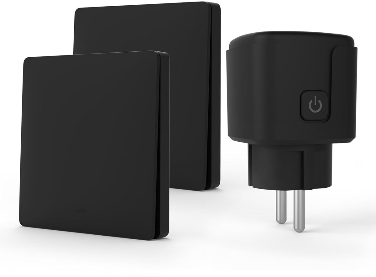 SnelShoppen - Draadloze Stroomdoos Set - Zelfvoorzienende 433MHz Schakelaar & Stekker - 3500W - Voor Lampen en Apparaten - Zwart - 2 Schakelaars + 1 S