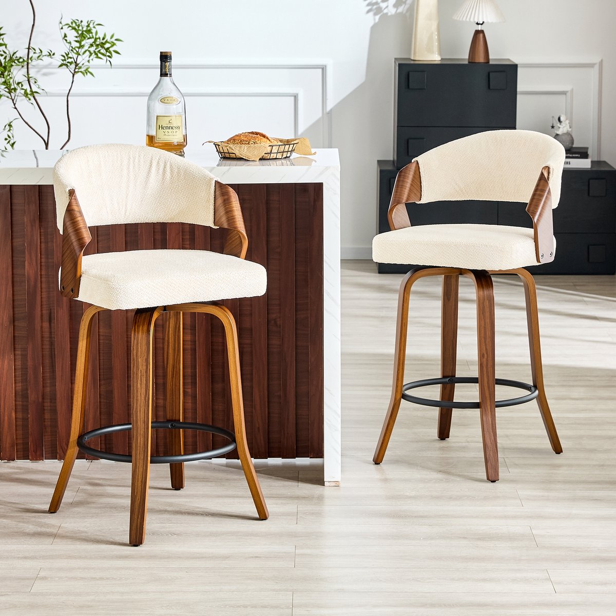 DESMIU Barkruk 95 Cm - Set Van 2 Met Rugleuning En Voetsteun - Voor Keukeneiland, Bar En Eettafel - Hout En Stof - Wit