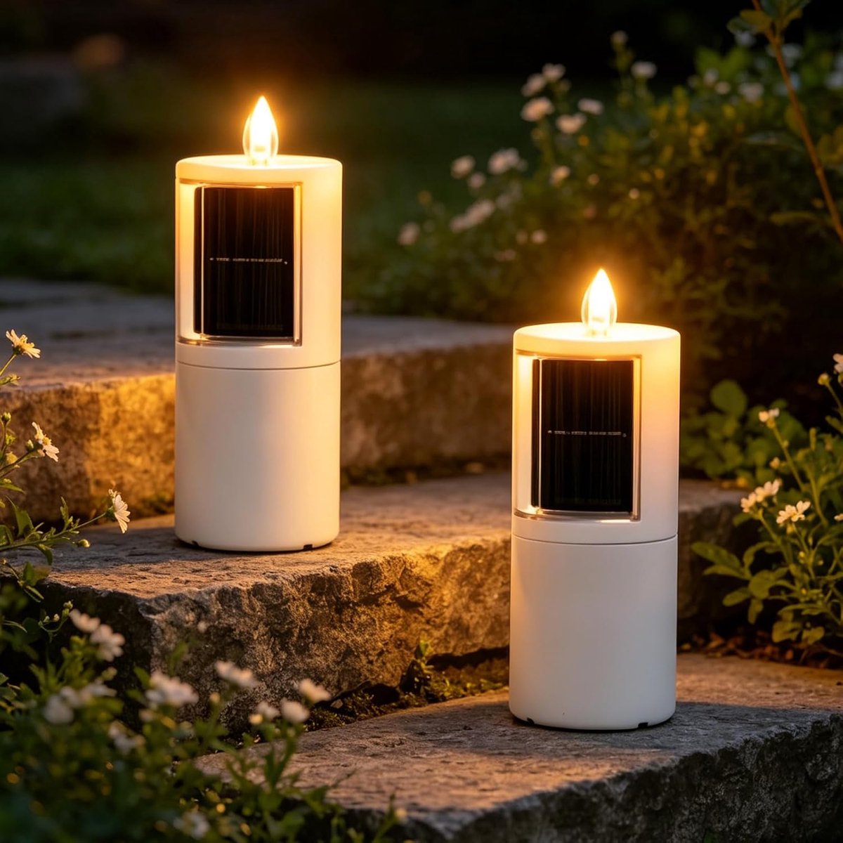 SnelShoppen - Set van 2 Waterdichte Theelichtjes op Zonne-energie voor Buiten - Flikkerende LED Kaarsen met Witte Wasmantel - Tuin, Tafeldecoratie, Ev