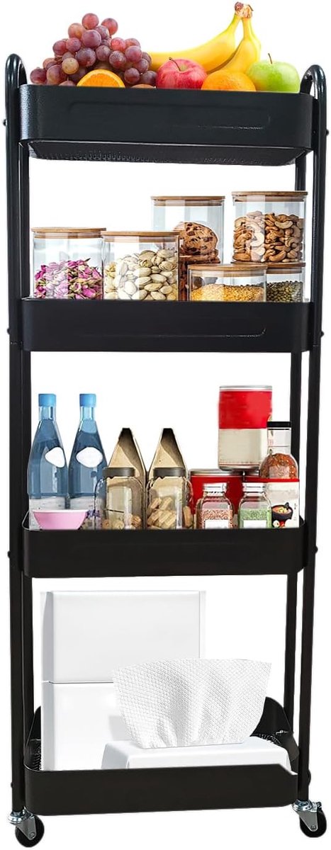 SnelShoppen - Multifunctionele Trolley met Wielen 4 Niveaus Stalen Keuken Trolley 360° Draaibare Wielen Opberg Trolley Keuken, Badkamer, Wasruimte 40x
