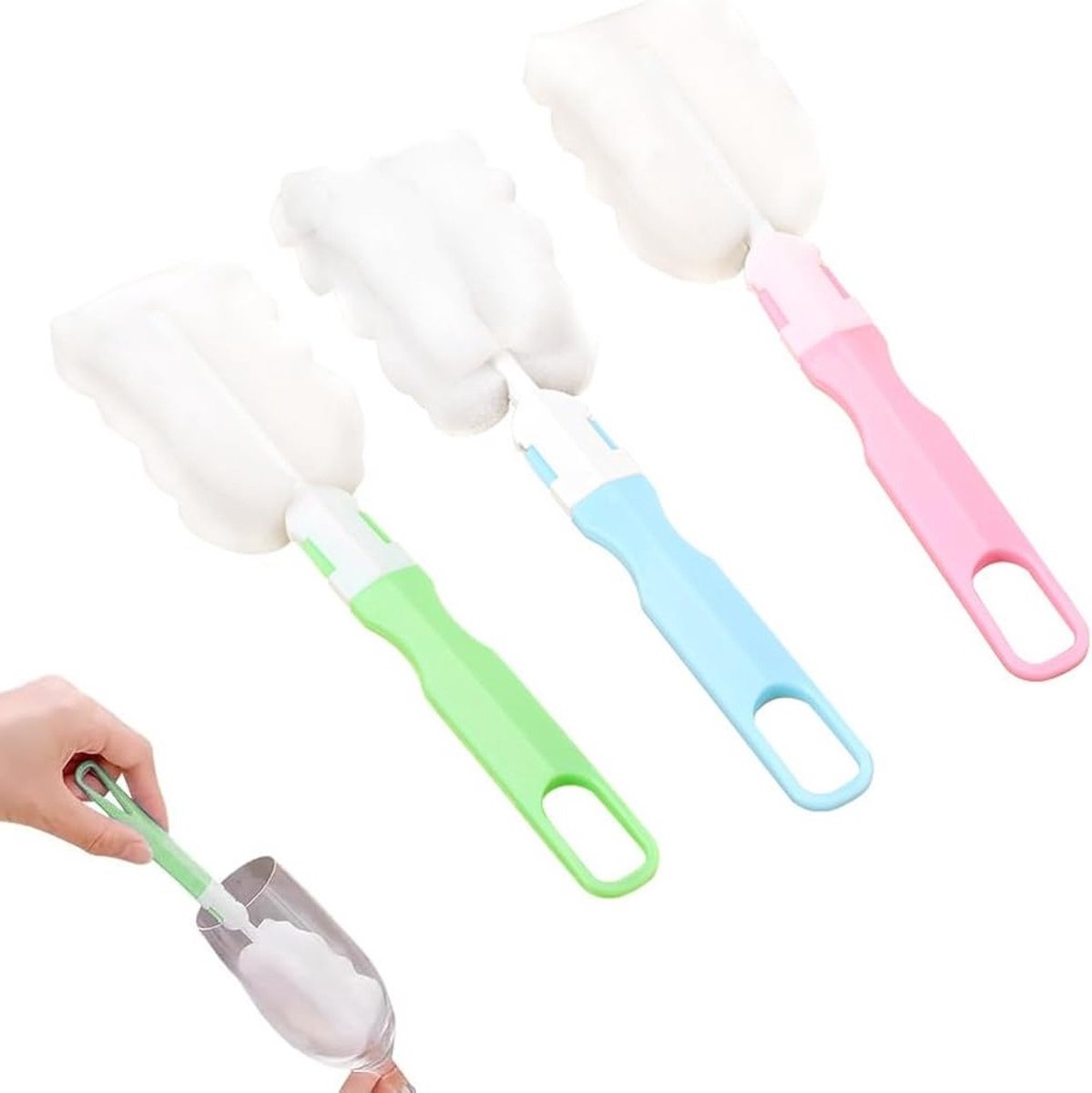 Flessenborstel set van 6 stuks met lange handgreep voor dieptereiniging van babyflessen, wijnglazen en vazen in 3 kleuren.