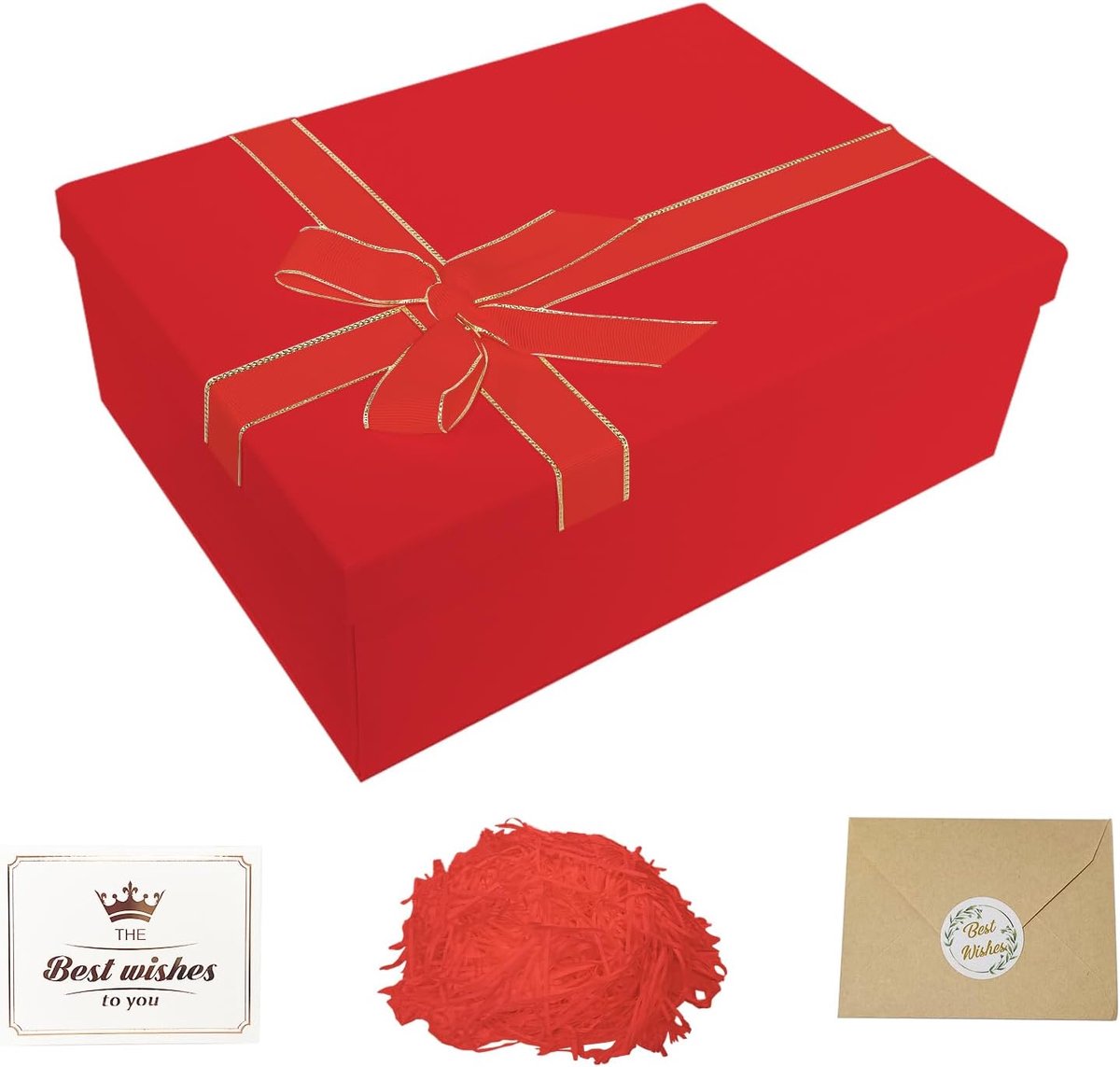 SnelShoppen - Grote Rode Cadeaubox met Deksel 29x22x10.5 cm - Luxe Cadeau Set met Strikken, Raffia en Wenskaarten voor Verjaardagen, Bruiloften, Valen