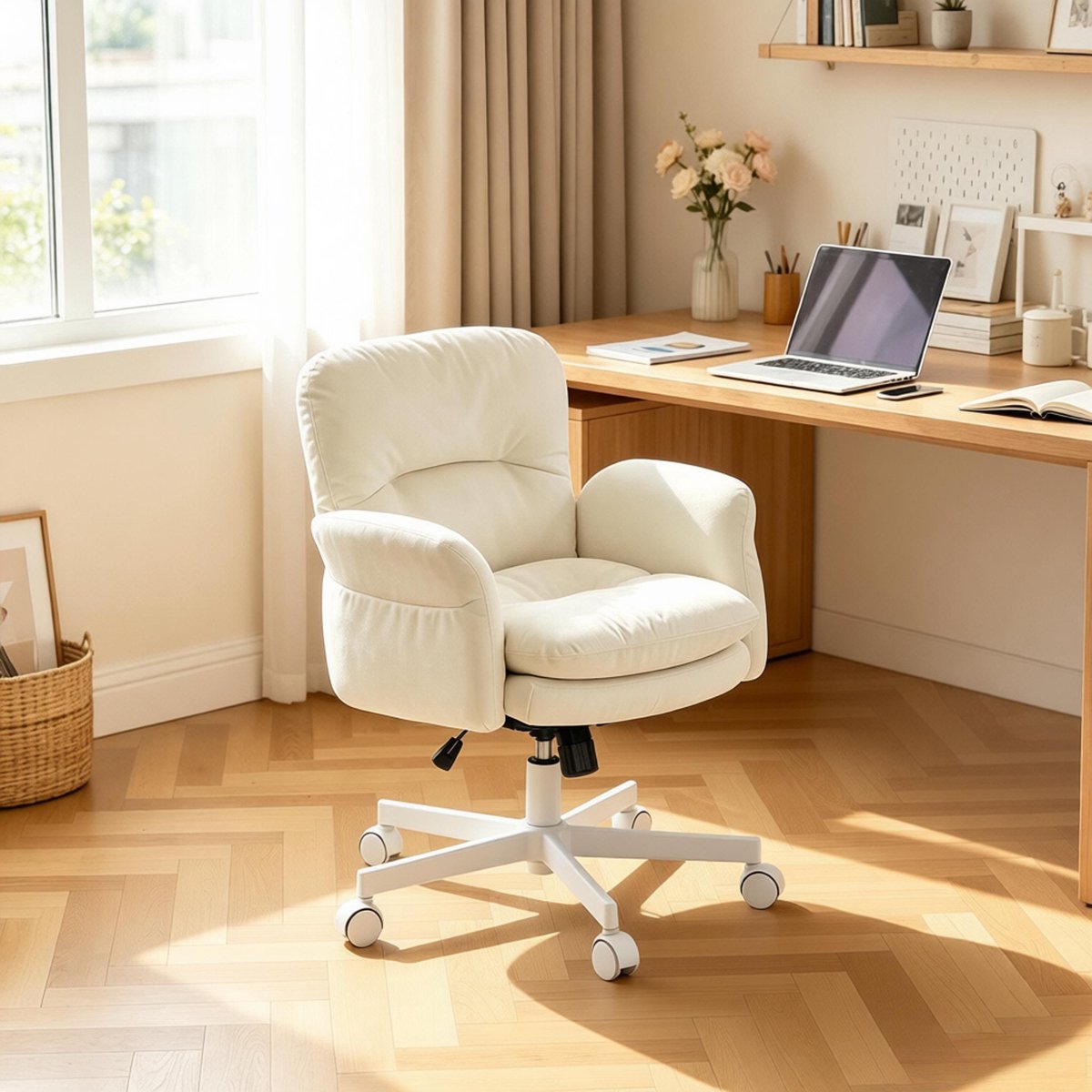DESMIU Bureaustoel 71 x 68 x 84,5-92,5 cm - Draaibaar En In Hoogte Verstelbaar - Voor Kantoor En Slaapkamer - Chenille Beige