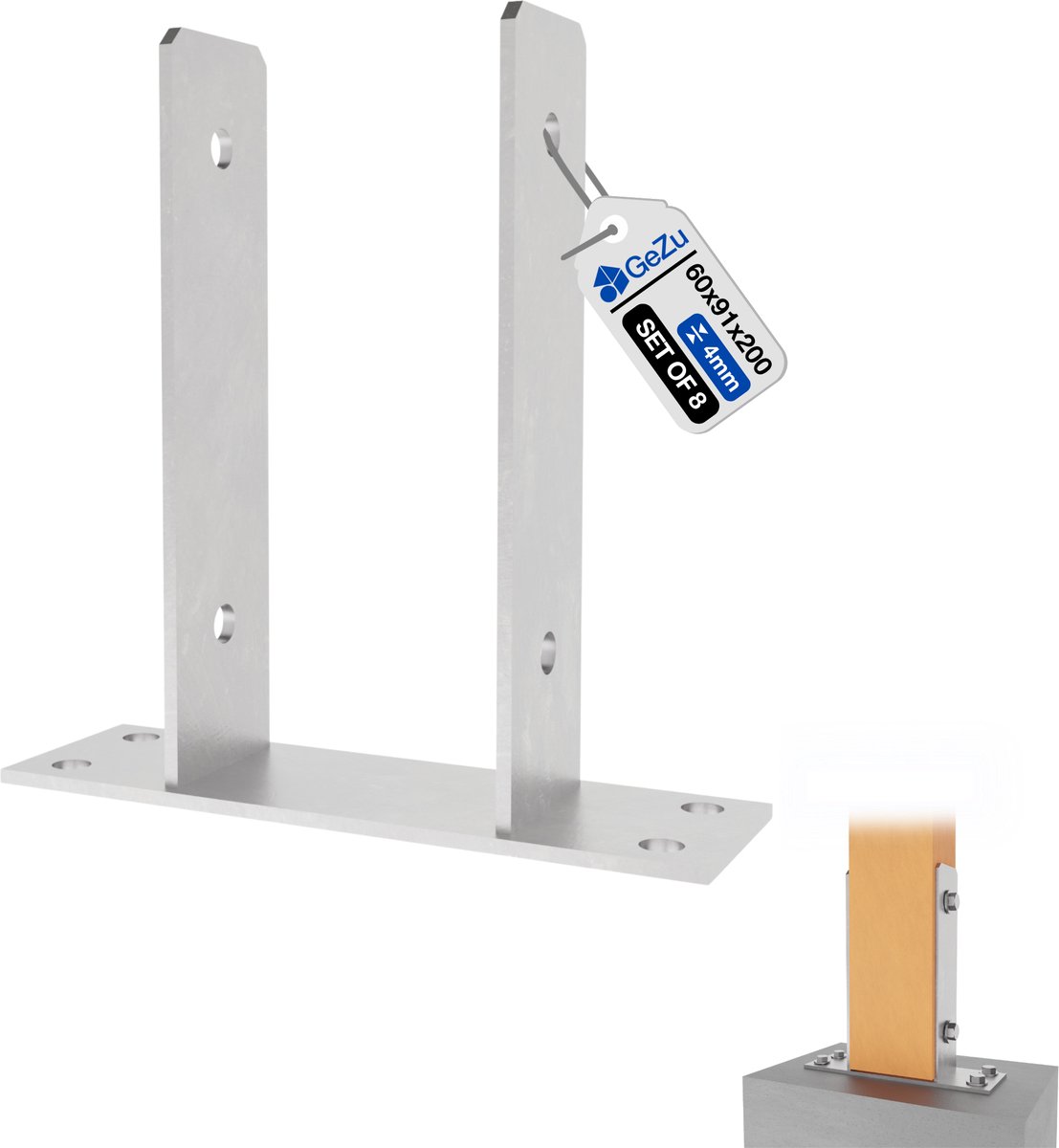 GeZu Impex U Paalhouder op plaat Thermisch verzinkt Set van 8 91 x 200 mm pergoladrager paaldrager paalvoet voetplaat paalsteun