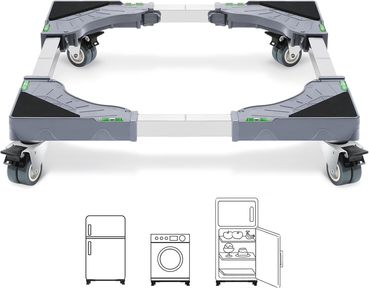 SnelShoppen - Wassenmachine Onderstel met 4 Vergrendelbare Wielen, Verstelbare Breedte 40-62cm, Hoogte 11cm, Maximaal 200kg, Trolley voor Wasmachine,
