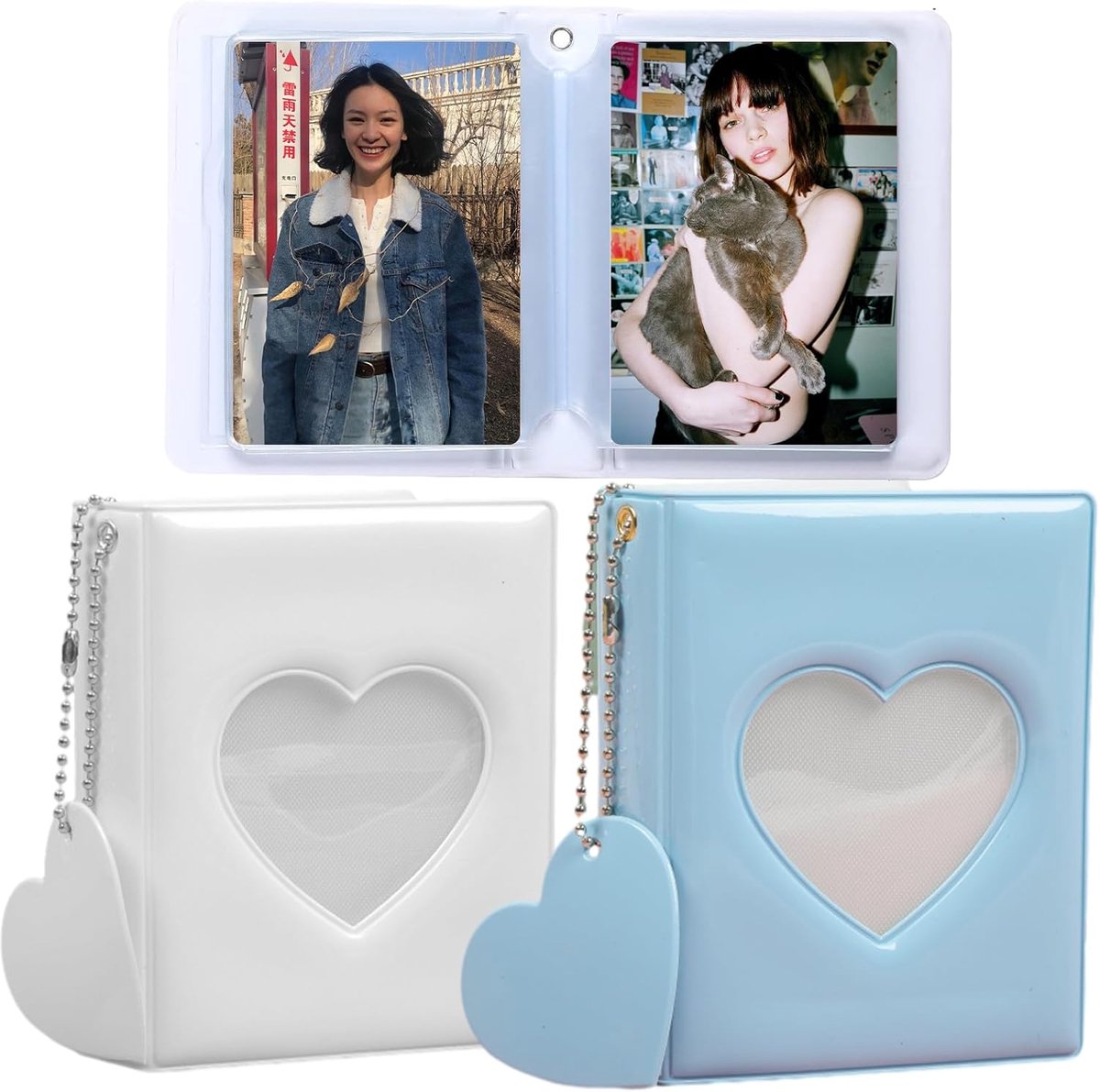 SnelShoppen - 2 Mini-Insteekalbums 32 Vakken - Fotokaartenbinder Hartvorm 7,5 cm - Blauw-Wit - Mini Fotoalbum voor ID-Houders en Kaarten - Ideaal voor
