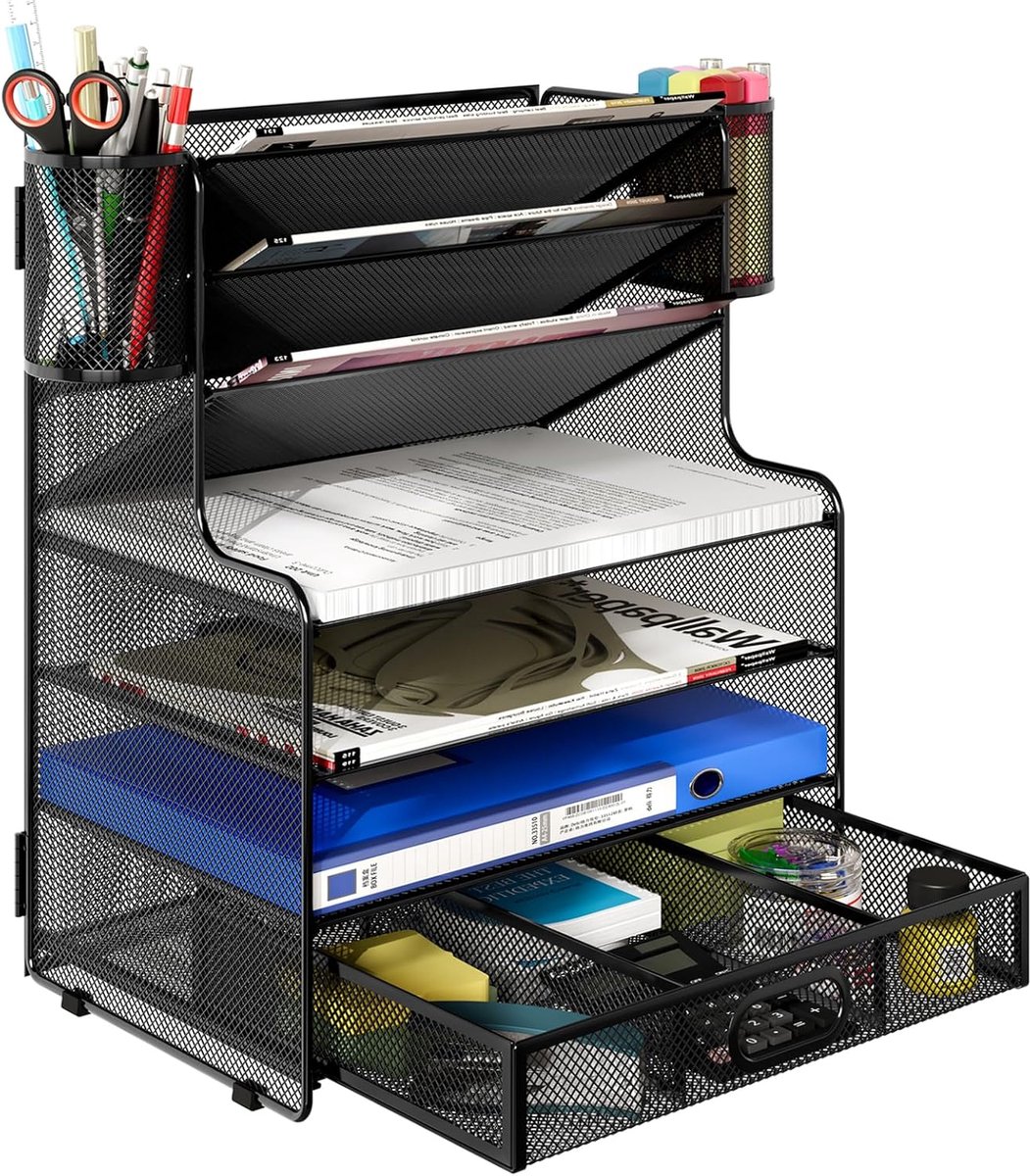 SnelShoppen - 7 Laags Brieforganizer Bureau Organizer met Lade, A4 Papieropslag, Documentenhouder met 2 Pennenhouders, Zwart, Ruimtebesparend en Prakt