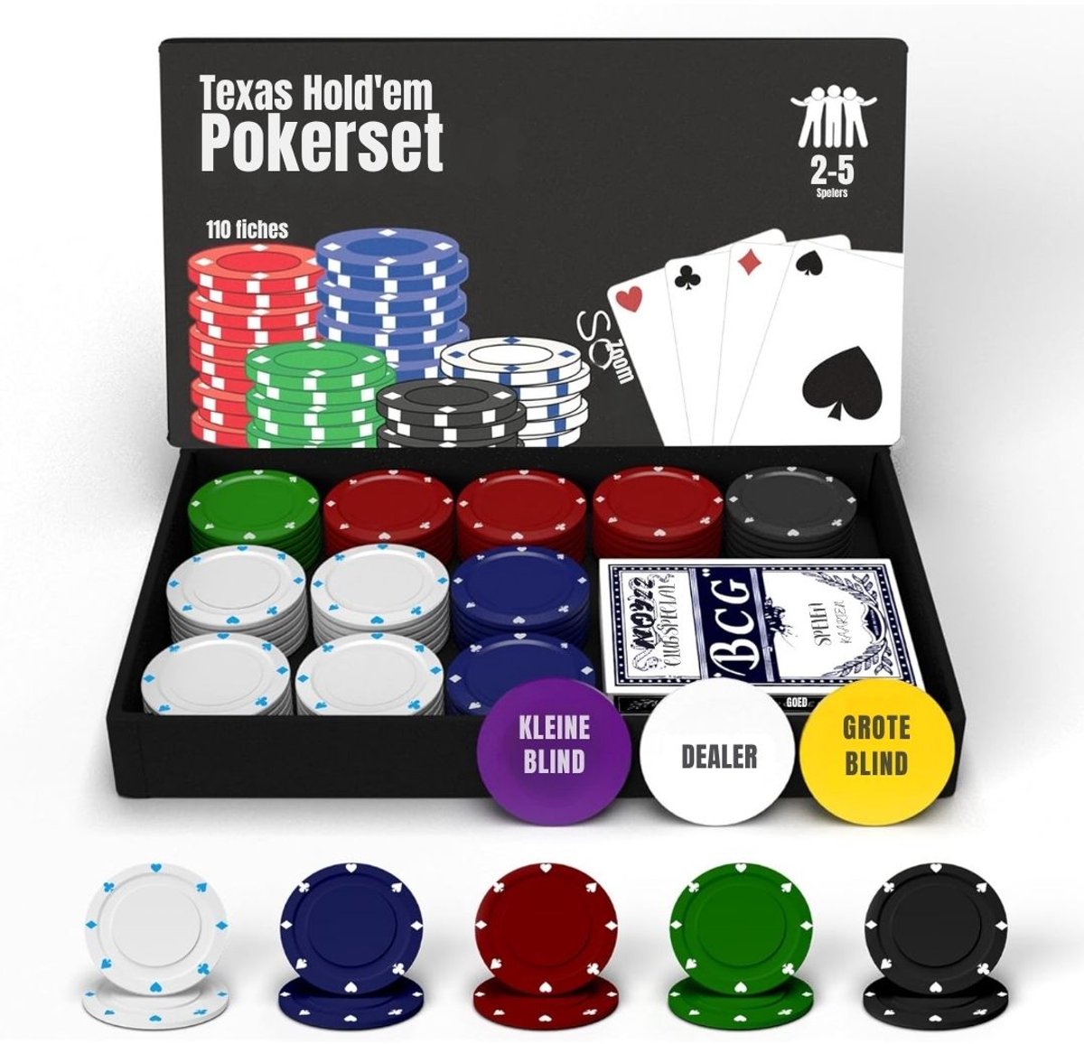 KIRA® Pokerset - Pokerset Met 110 Fiches - Compacte Pokerset - Multikleur - 23cm x 22cm x 3cm