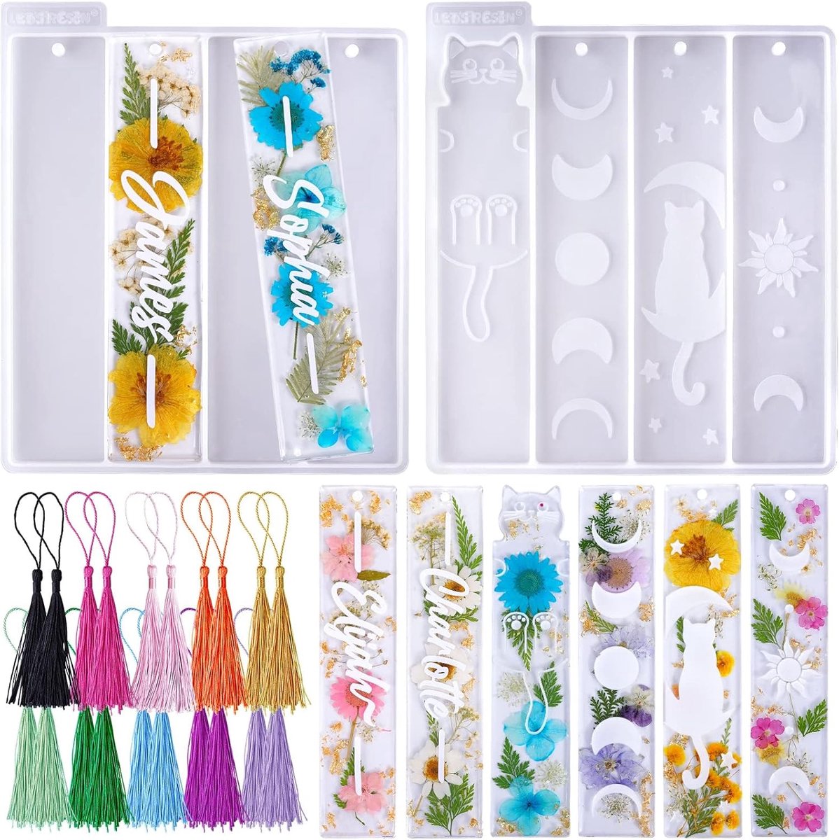 SnelShoppen - Silicone Bookmark Moulds Set met Cat Moon Patroon, 2 Rectangular Moulds, 20 Kleurrijke Tassels voor Epoxy Resin Casting, 3.8 cm Breed, P
