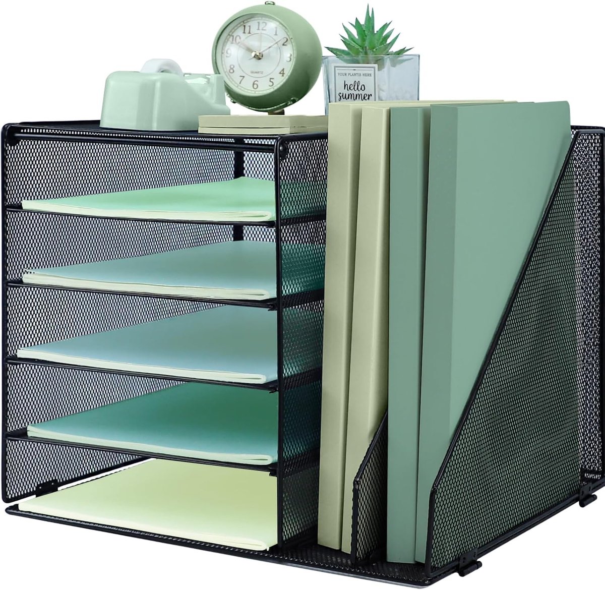 SnelShoppen - 5 Laags Bureau Documenten Organizer met 2 Extra Verticale Bestandsordenaars, Papieren Lades, A4 Papier Desk Organizer, Thuis Kantoor Mag