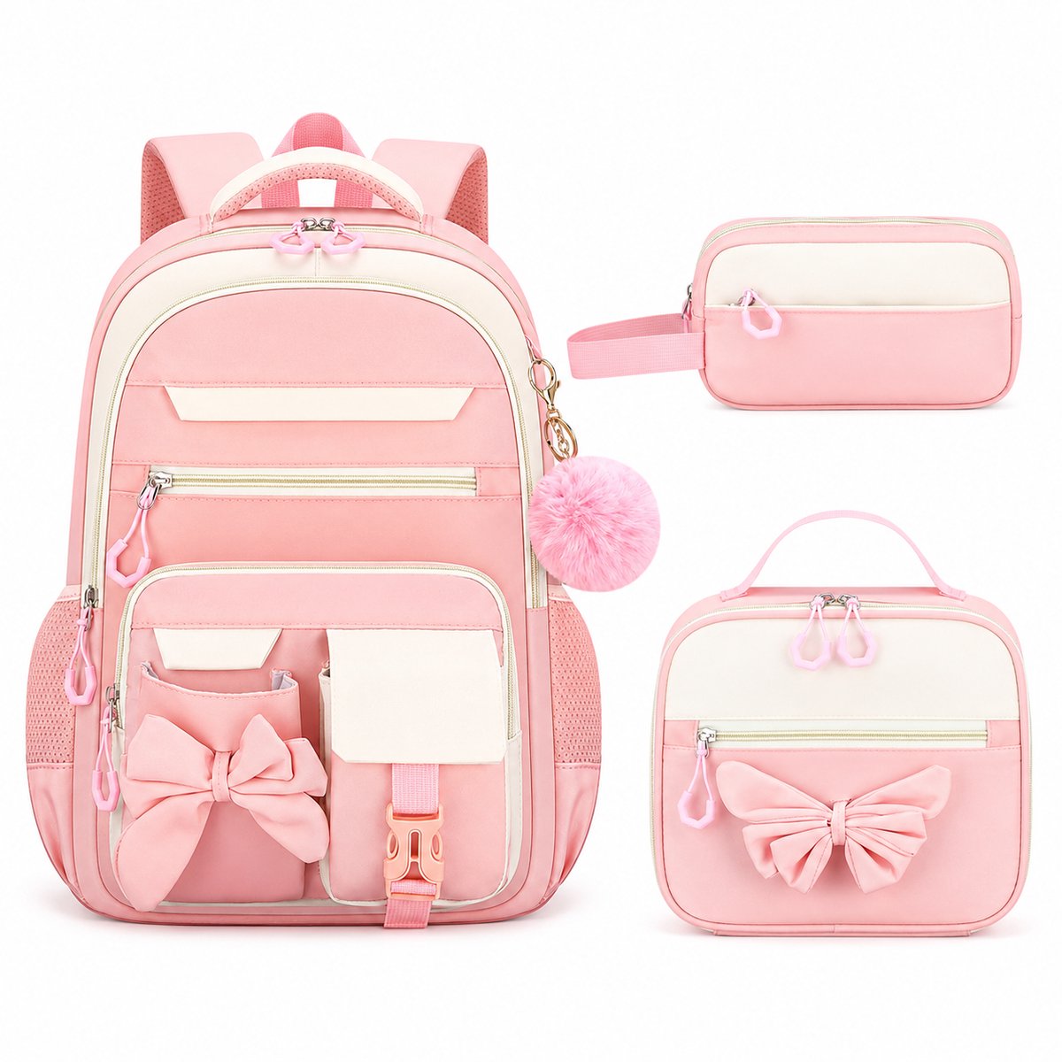 Meisjes Rugzak Set 3-delig - Schooltas Meisje met Geïsoleerde Lunchtas en Pennenzak - Ergonomische Kinderrugzak met Reflecterende Strips - Waterafstotende Boekentas voor Basisschool - Roze