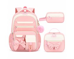 Meisjes Rugzak Set 3-delig - Schooltas Meisje met Geïsoleerde Lunchtas en Pennenzak - Ergonomische Kinderrugzak met Reflecterende Strips - Waterafstotende Boekentas voor Basisschool - Roze
