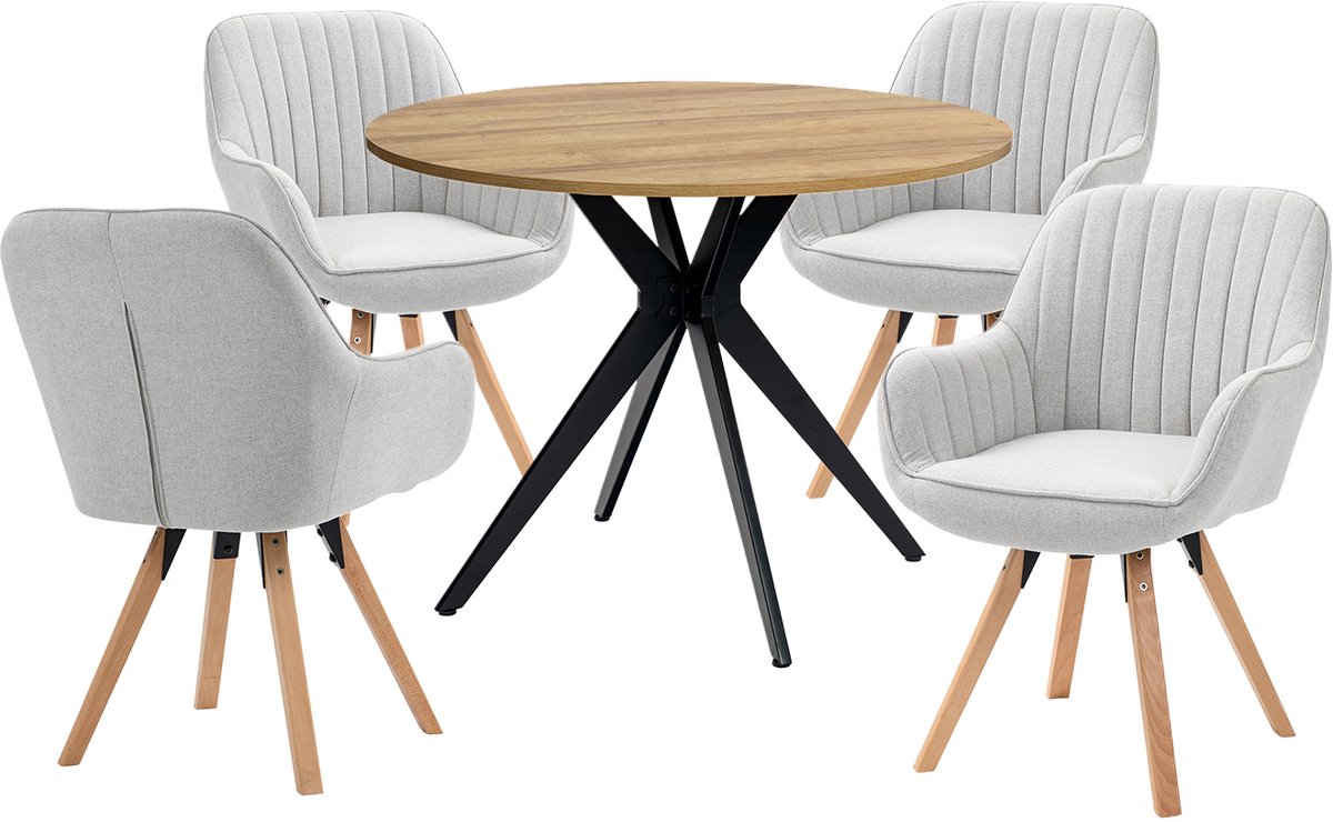 Eethoek - Ronde Eikenlook Tafel En 4 Houten Draaistoelen - Beige