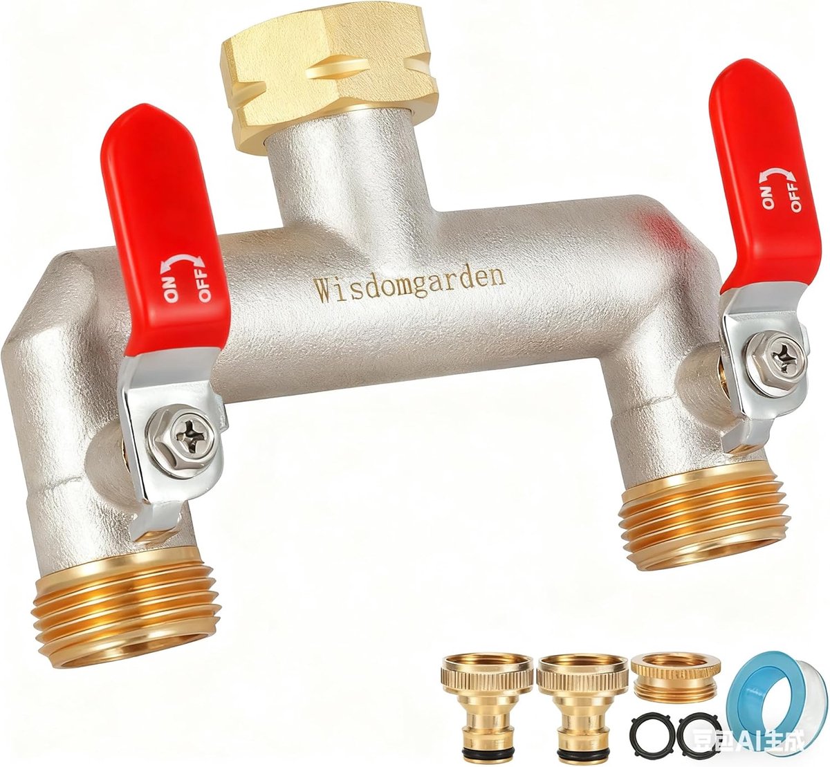 SnelShoppen - 2-Way Water Distributor 2-Way Valve Divider voor Tuin en Buiten, 3/4 Inch Ingang met 1/2 Inch Adapter, Robuuste Messing Constructie met
