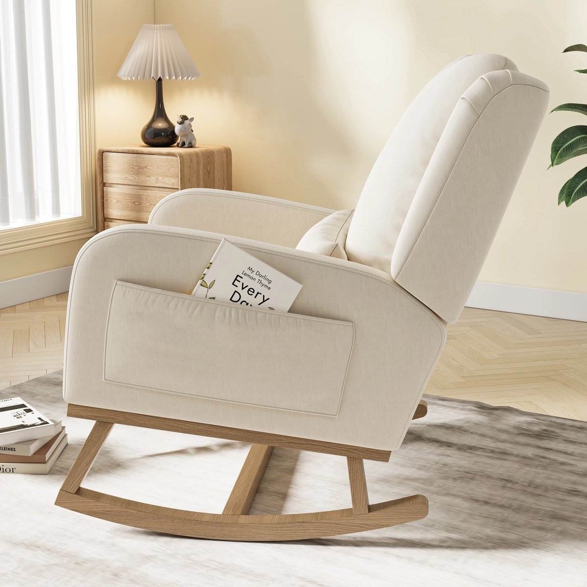 Emvae Stoel - Schommelstoel - Fauteuil - Relaxfauteuil - Relaxstoel - Met armleuning - Hoge Rugleuning - Houten Frame - 68 x 75 x 92 cm