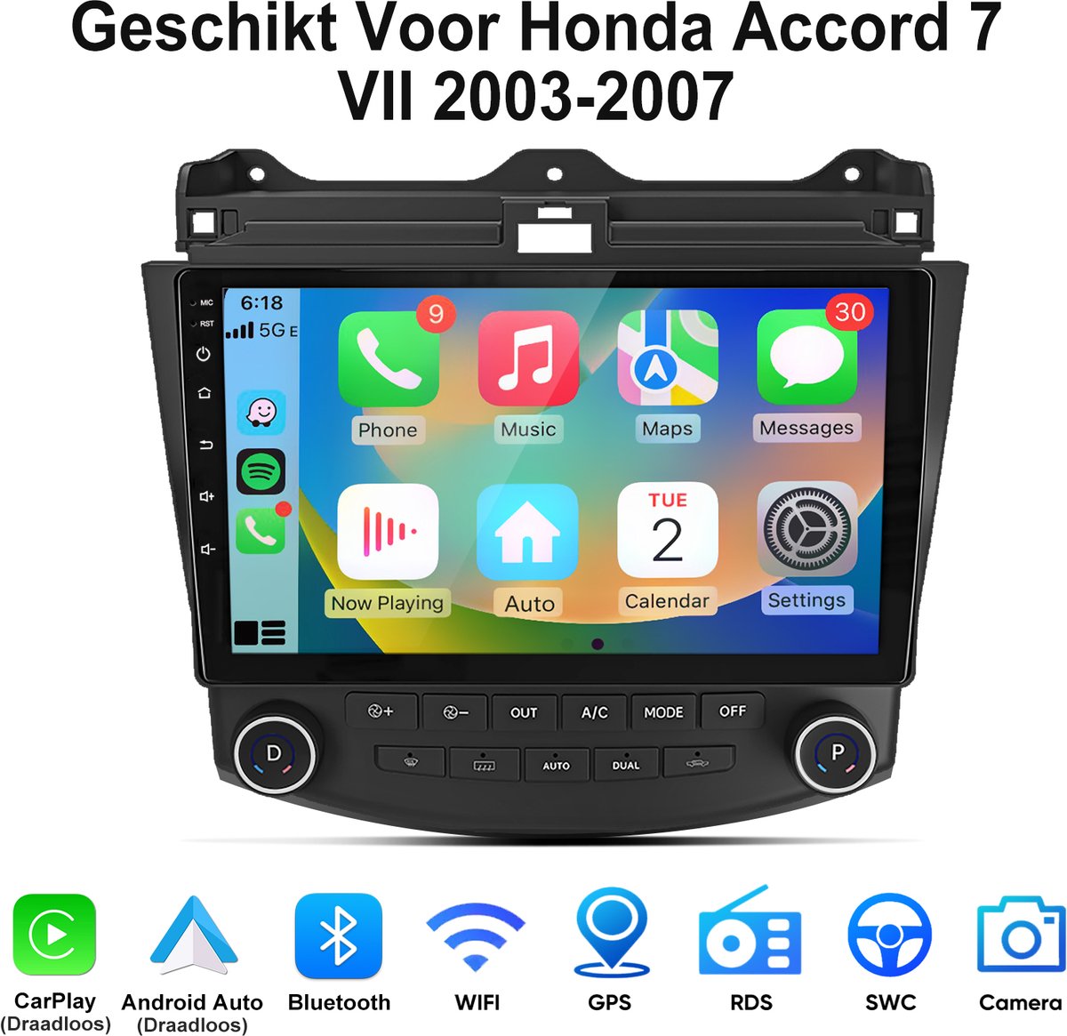 Junsun Android 15 Autoradio Geschikt Voor Honda Accord 7 VII 2003-2007 - Draadloze CarPlay & Andriod Auto - GPS-navigatiesysteem - Bluetooth - Stuurwielbediening - 10-inch HD Touchscreen - WiFi - RDS - USB - 2GB+64GB