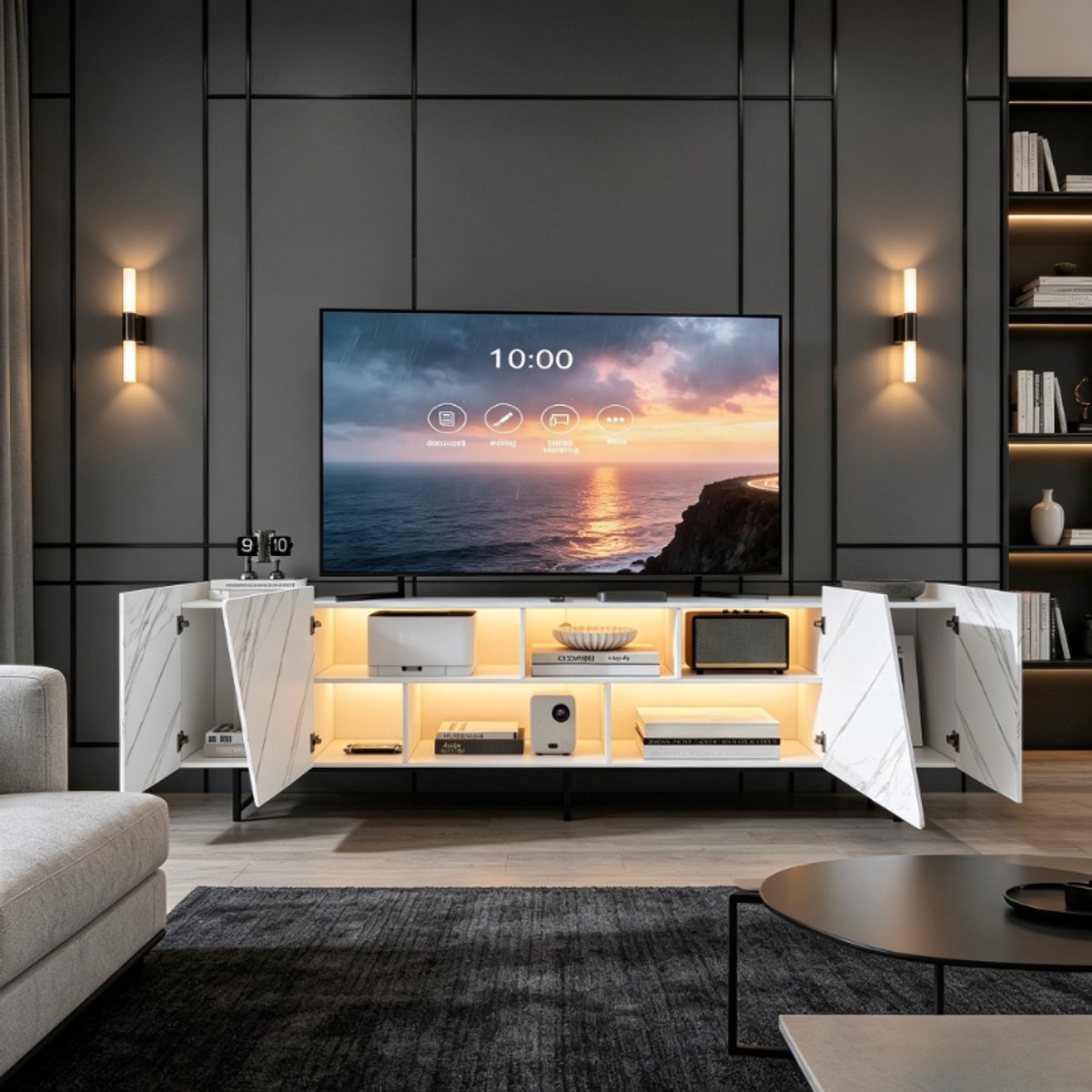 Tv meubel 220 cm met led verlichting, grote tv kast voor 85 inch tv met 4 deuren en open vakken, woonkamerkast met marmerlook en opbergruimte, mdf wit