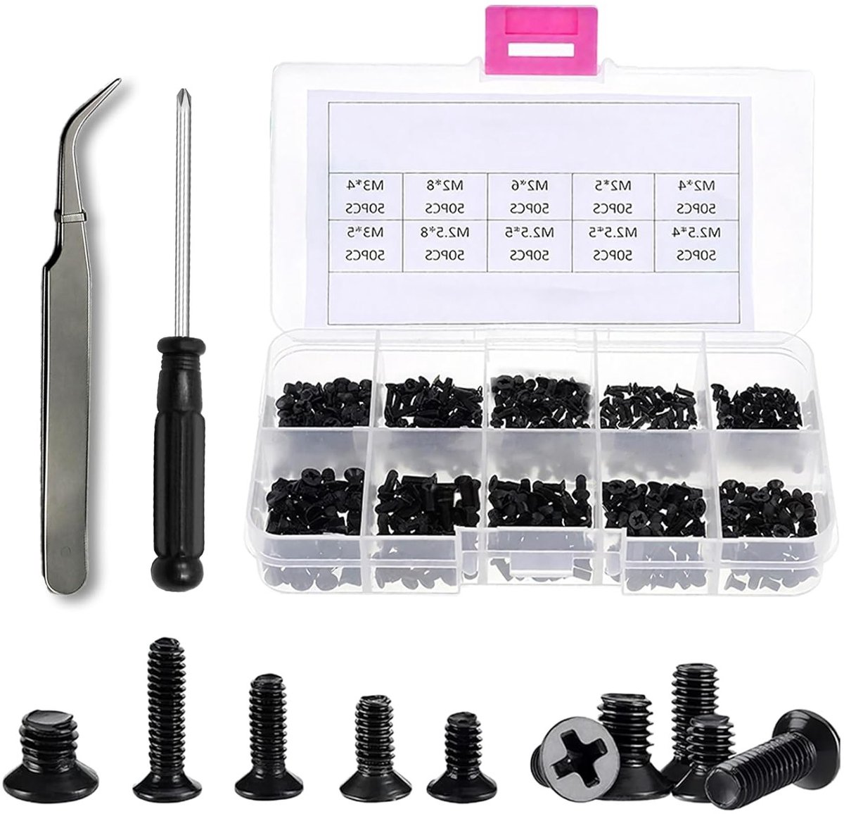 500 stuks M2/M2.5/M3 Phillips schroeven voor laptops, inclusief schroevendraaier en pincet, ideaal voor reparatie en onderhoud van computers en notebooks