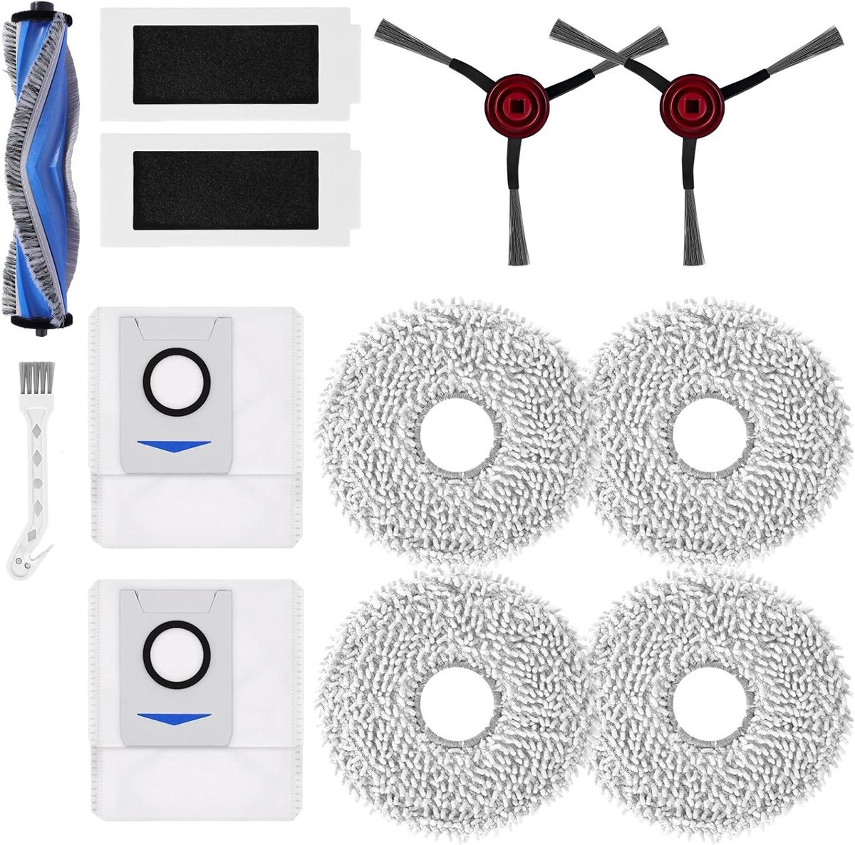 12-delig vervangingsaccessoireset voor robotstofzuigers, inclusief 2 zijborstels, 1 hoofdborstel, 4 microvezeldoeken, 2 stofzakken en 2 HEPA-filters voor optimale reiniging
