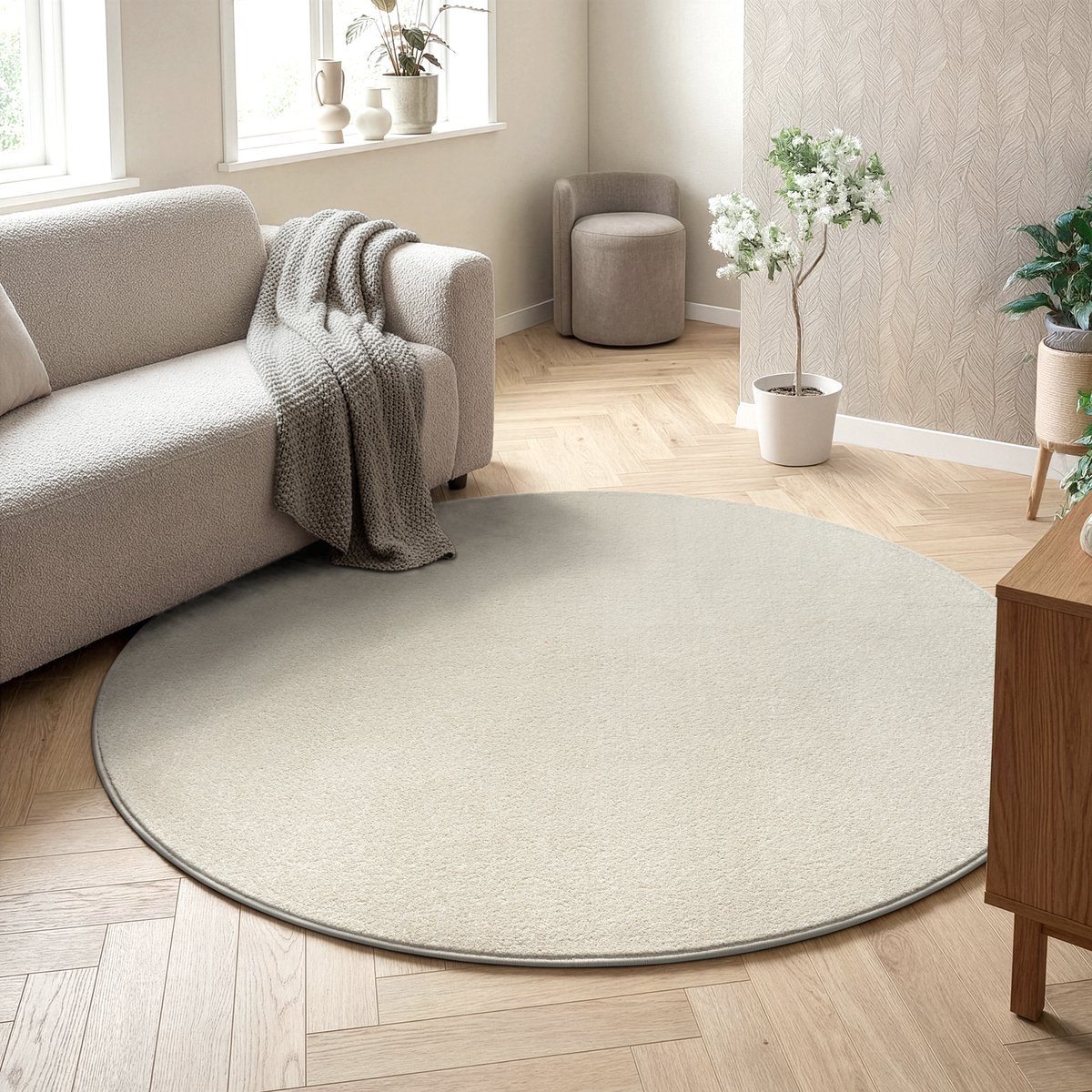 Uni Rond Effen Laagpolig Vloerkleed Modern Creme- 350 CM Ø