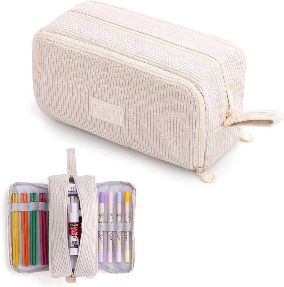 Pencil Case, Large Size for Teenagers 3 Compartments, Pencil Case, Pen Organiser for School and Office, Beige - ShopVlot
