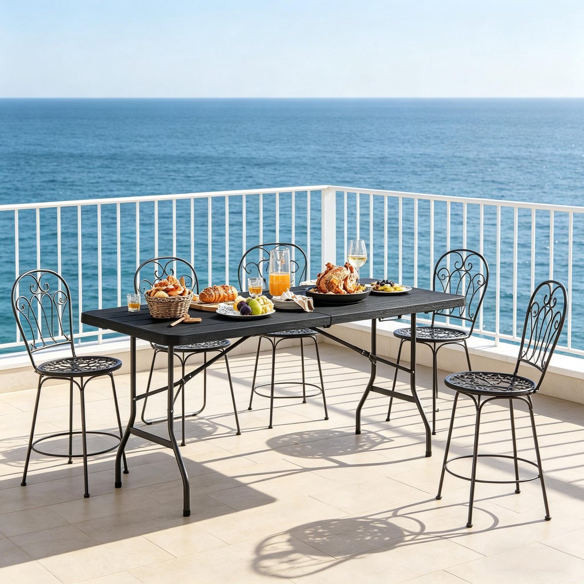 MIVRAY Balkontafel - Opklapbare Tuintafel Voor 8 Personen - Rechthoekig Voor Balkon En Tuin - HDPE En Metaal - 180x74x70 Cm - Zwart