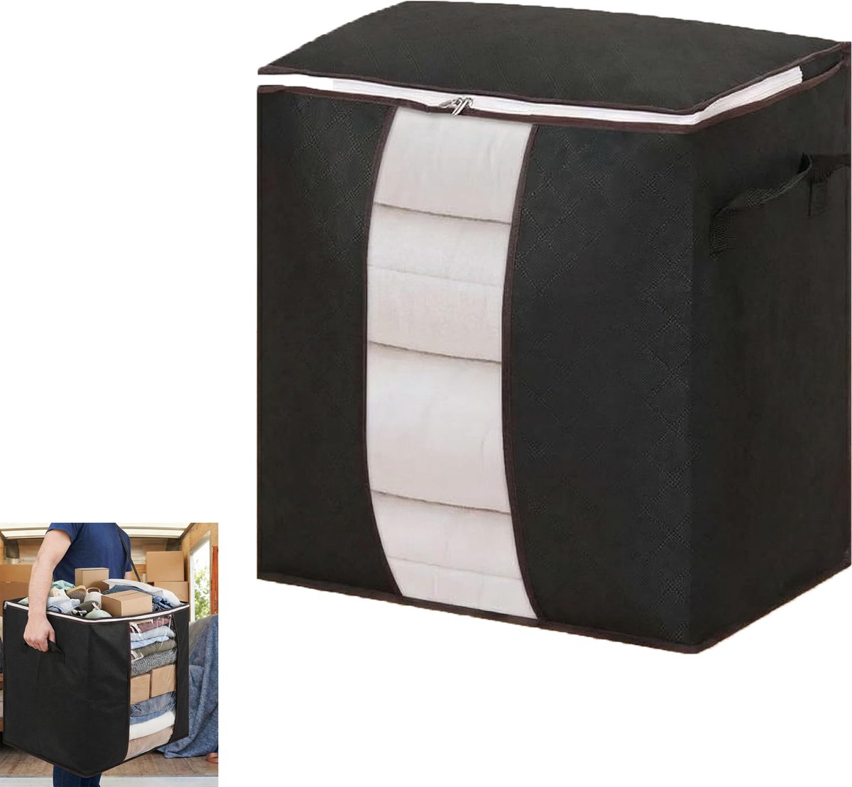 KZQ Opvouwbare plastic kledingopbergbox met handvatten - Verticale organizer voor beddengoed dekens kussens en kleding - Perfect voor slaapkamer en kast - Zwart