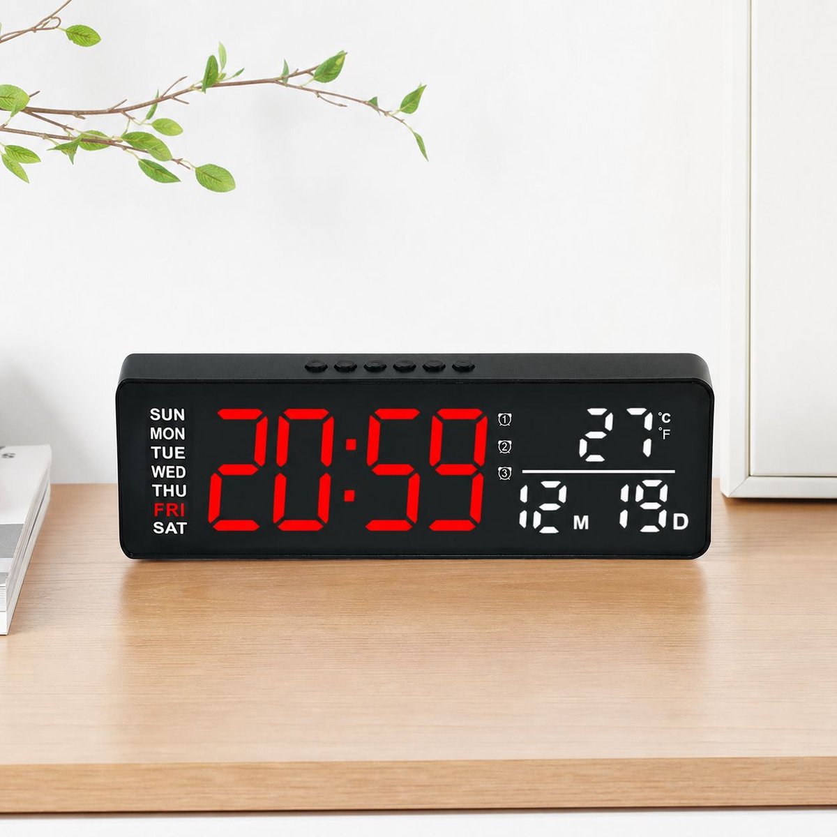 VHV-LED Wandklok Digitaal - Moderne Tafelklok met Super Helder Display - Ruimtebesparend Ontwerp met Ophanggat - Energiezuinige Digitale Klok voor Kantoor en Huis