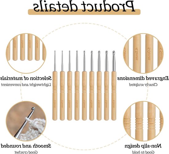 9-delige Haaknaalden Set met Houten Handvatten - Ergonomische Breinaalden voor Beginners (2.0/2.5/3.0/3.5/4.0/4.5/5.0/5.5/6mm) - Ideaal voor Haken en Breien — afbeelding 4
