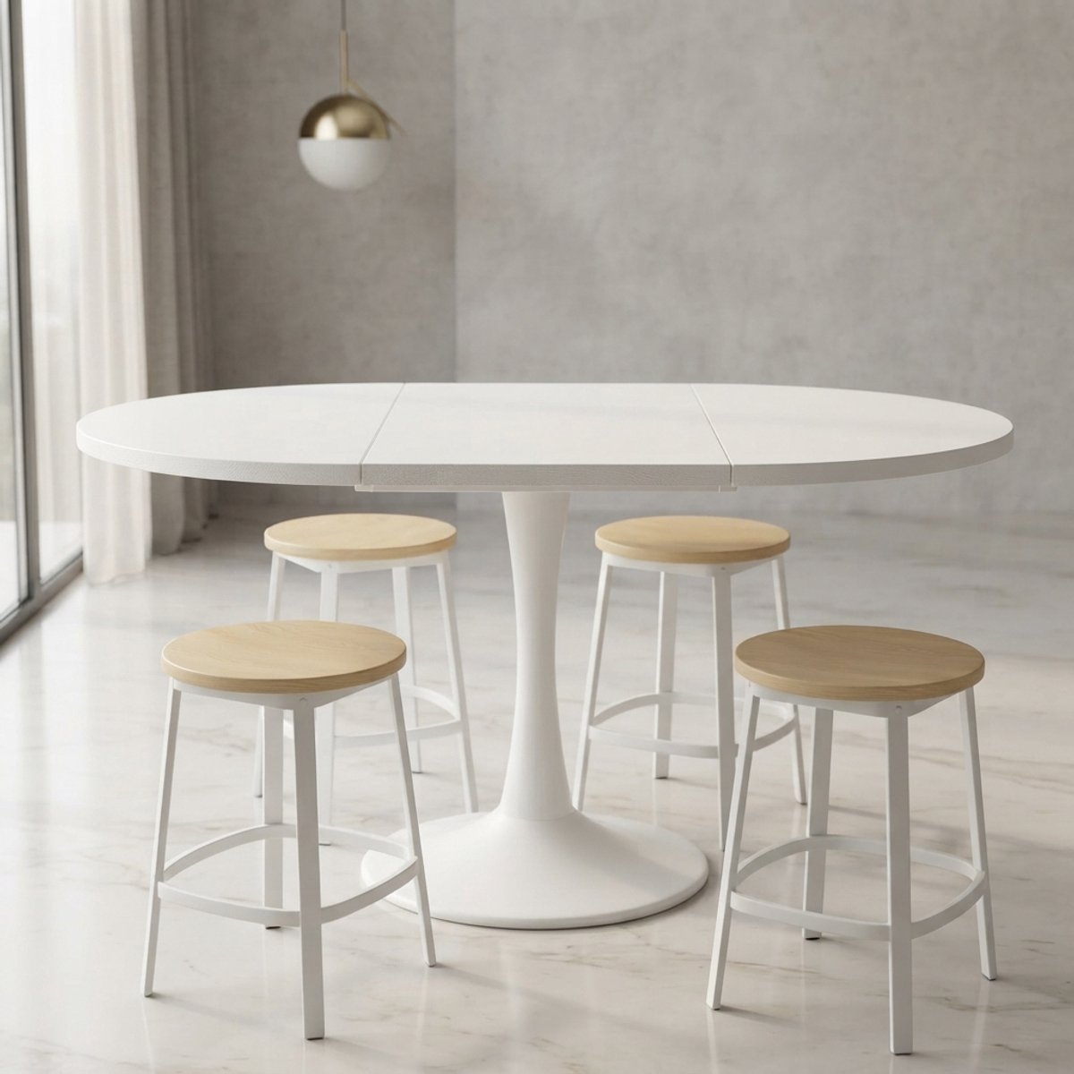 Uitschuifbare Ovale Eettafel Wit 100-140 cm – Moderne Ruimtebesparende Eettafel voor 2 tot 8 Personen – MDF Houten Keuken- en Woonkamertafel – Ronde Design Tafel – novihomestore