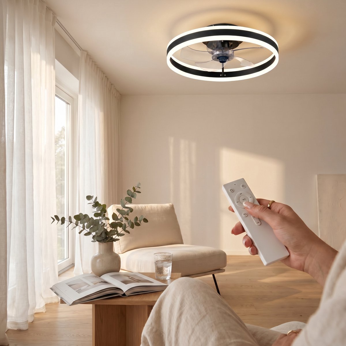 MiShar Plafond Ventilator Lamp - 51 CM - Smart Lamp - 6 Standen - 1 grote led strook - Dimbaar - Zwart - Kroonluchter LED Ventilator - Chandelier Fan - Woonkamer Lamp - Ventilator Lampen - Slaapkamer lamp - Eetkamerlamp – foto 4