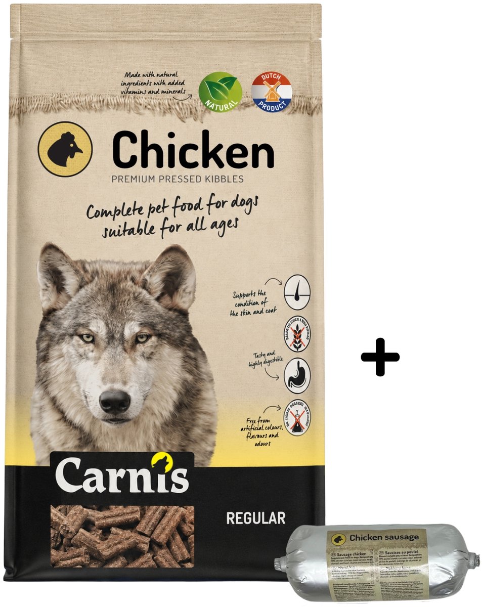 Carnis Carnis Chicken Regular geperst hondenvoer 12,5 kg + Gestoomde worst kip 200gr - Hond