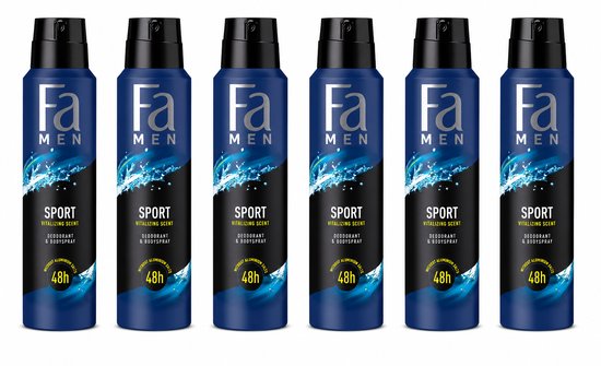 Zes donkerblauwe spuitbussen Fa MEN SPORT met waterafbeelding en '48h' vermelding.