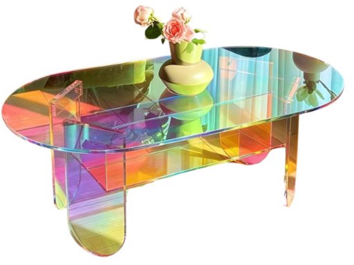 Emvae Salontafel - Bijzettafel - Ovale salontafel - Tafel - Koffietafel - Acryl - Iriserend Regenboog Effect - 95 x 50 x 36 cm - Transparant