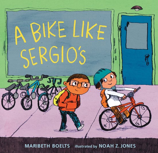 Cover van 'A Bike Like Sergio's': een jongen met bril kijkt naar een kind op een rode fiets bij een schoolgebouw.