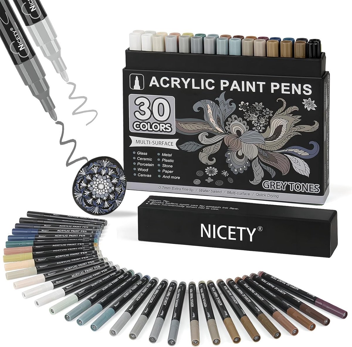 Acrylverfstiften Set - Grijs Tinten - 30 Stuks - Waterbasis - Voor Kunstenaars en Creatievelingen